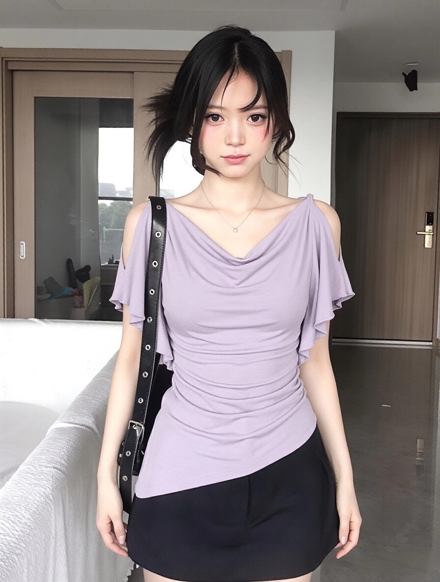 사람들 면 260 그램 원본 것 보라색 오프숄더 반팔 계절 몸매 가꾸기 아니요 규제 주름 허리 수축 핫걸 바람