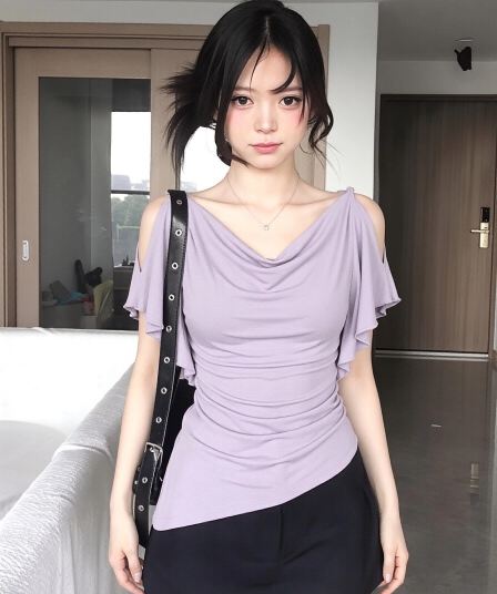 사람들 면 260 그램 원본 것 보라색 오프숄더 반팔 계절 몸매 가꾸기 아니요 규제 주름 허리 수축 핫걸 바람