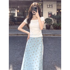 批发韩系设计感A字鱼尾<b class='q'>连衣裙</b>女夏季新款斜肩不规则T恤碎花半身裙套装