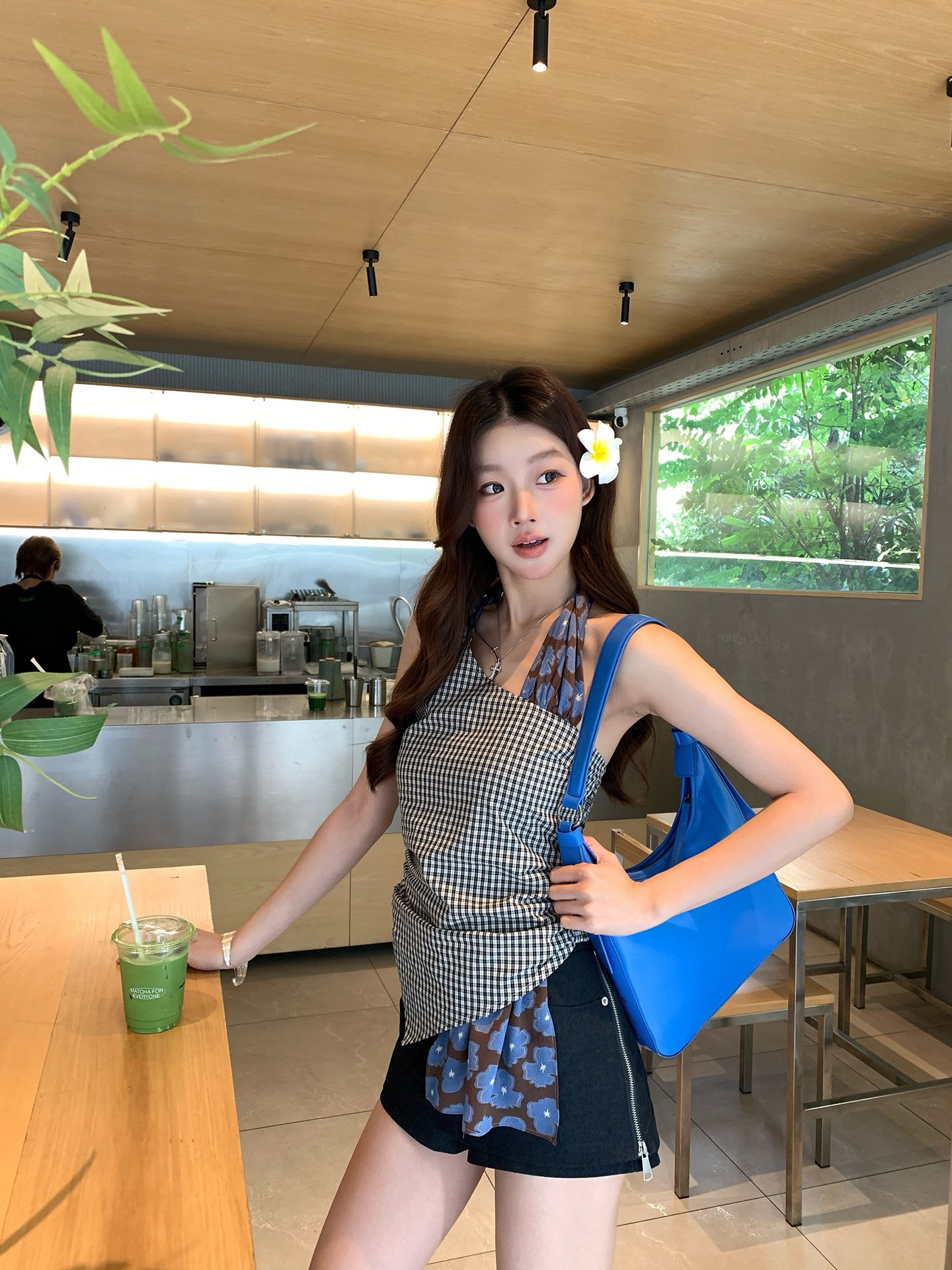 캐미솔 여름 외출용 아름다움 뒤로 체크무늬 디자인 센스 고유 한 아름다운 몸매 가꾸기 민소매 행침 목 작은 대중 맨위