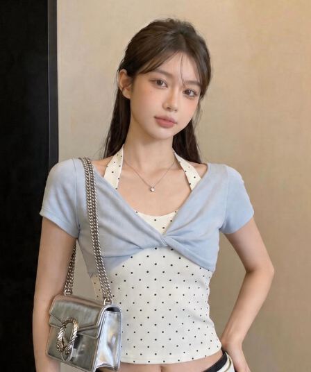 40 순면 한 부서 행침 목 페이크 레이어드 도트 무늬 티셔츠 여성 여름 섹션 달콤한 핫걸 Chic 비틀림 디스플레이 얇고 작은 맨위
