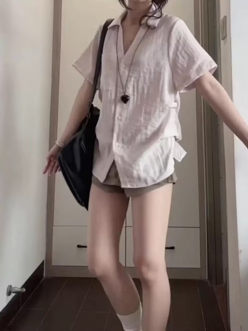한 부서 느긋한 바람 V넥 핀치 Pleat 꼬집기 허리 반팔 여성 셔츠 여름 외출용 얇은 스타일 허리 수축 셔츠 품격 맨위