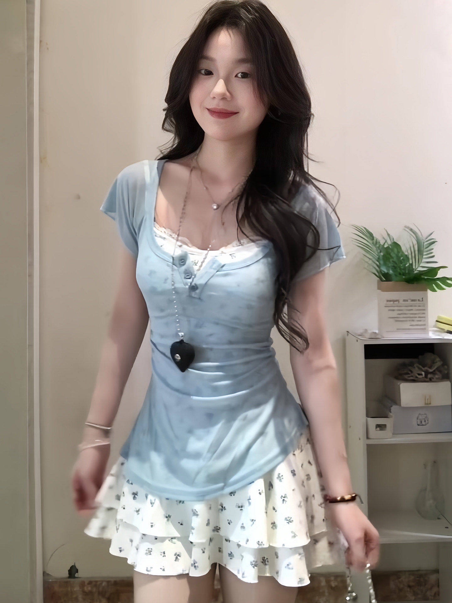 원본 원단 꼬집기 허리 꽃무늬 슬립 여성 드레스 파란색 블라우스 맨위 스택 착용 전체 집합
