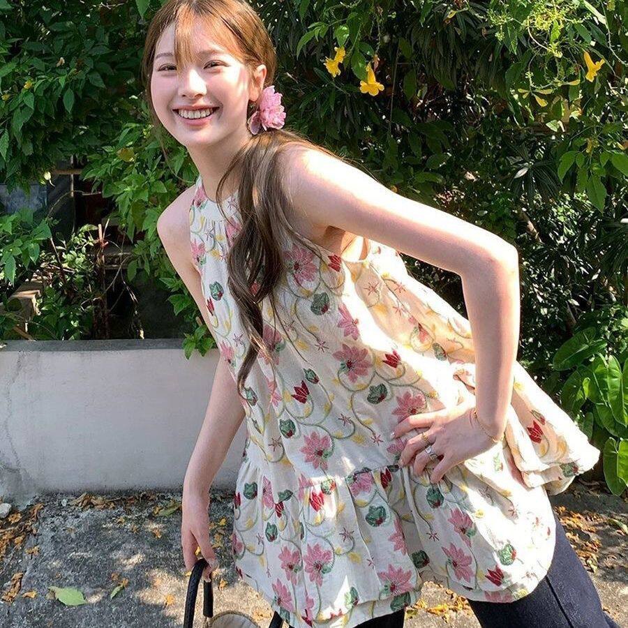 핑크색 꽃무늬 행침 목 슬립 조끼 스커트 여성 외출용 여름 무거운 작업 프린트 불규칙 프릴 민소매 맨위