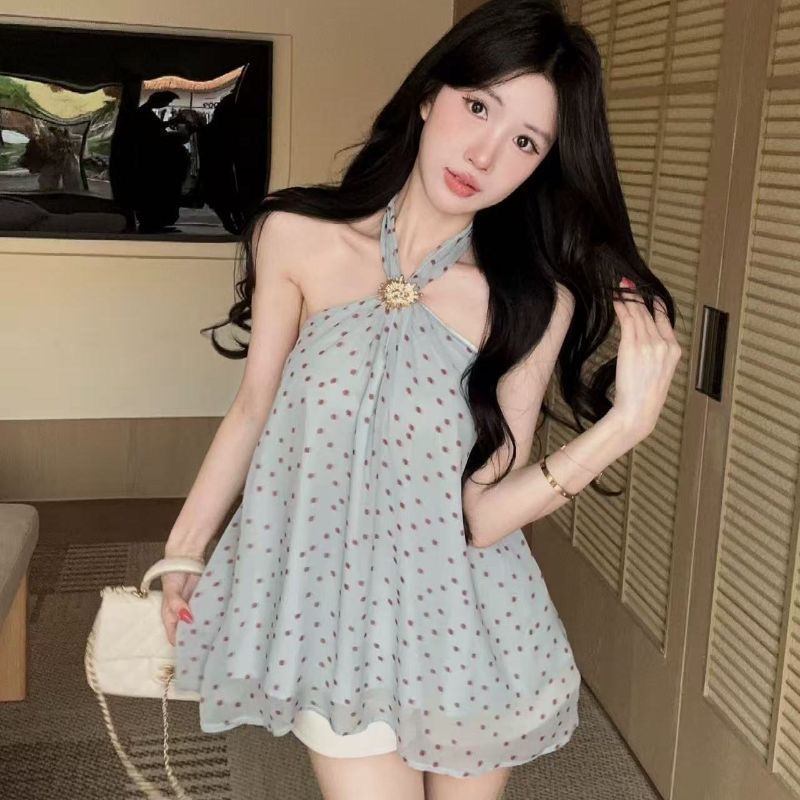 순수한 욕망 도트 무늬 금속 장식 오프숄더 행침 목 Chic 외출용 맨위 여성 여름 달콤함 루즈핏 슬림해 보이는 쉬폰 블라우스