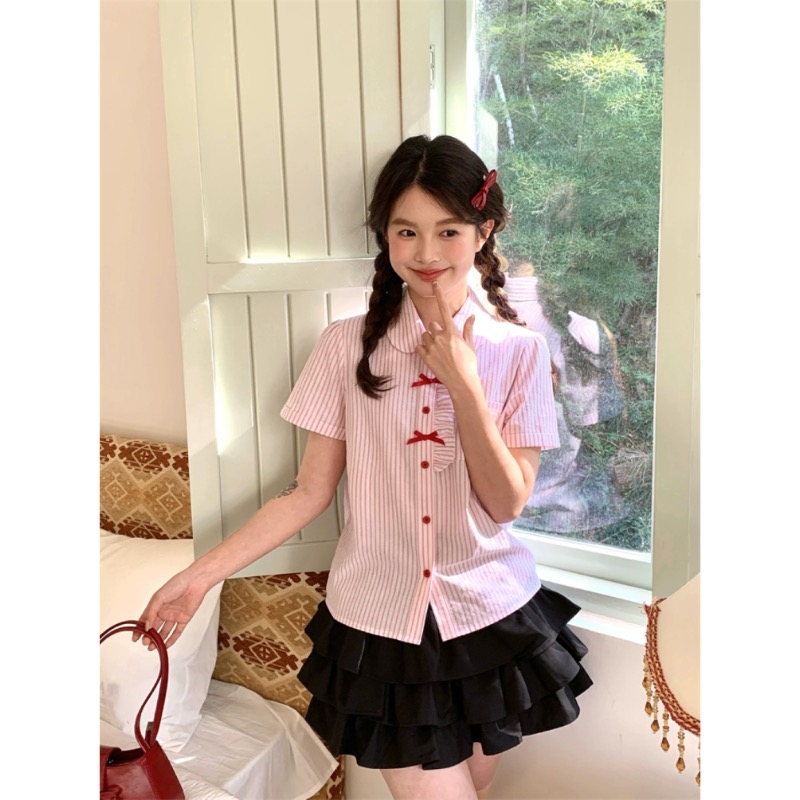 학원 스타일 jk 셔츠 여름 새로운 핑크색 소녀 스트라이프 베이비 칼라 셔츠 작은 키 달콤함 귀여운 맨위