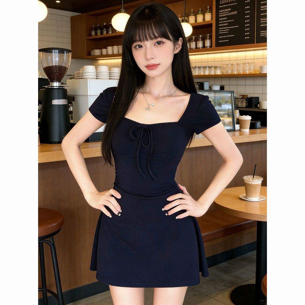 여름 드레스 작은 키 반팔 짧은 스커트 레이스업 나비 매듭 순수한 욕망 귀여운 몸매 가꾸기 슬림해 보이는 한 마디 치마