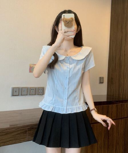 블루 스트라이프 여성 셔츠 여름 새로운 miu 부서 학원 스타일 패치워크 레이스 밑단 슬림해 보이는 셔츠 반팔 맨위