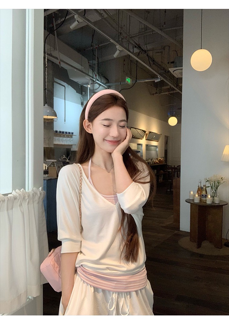 한 부서 느긋한 바람 투피스 세트 V넥 중간 소매 티셔츠 여성 여름 새로운 캐주얼 다용도 슬림해 보이는 자외선 차단 블라우스 맨위
