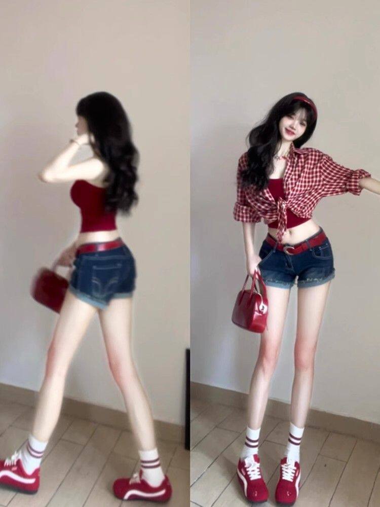 아메리칸 레트로 빨간색 격자 무늬 셔츠 여성 코트 여름 2026 년 새로운 핫걸 셔츠 작은 셔츠 자외선 차단 맨위