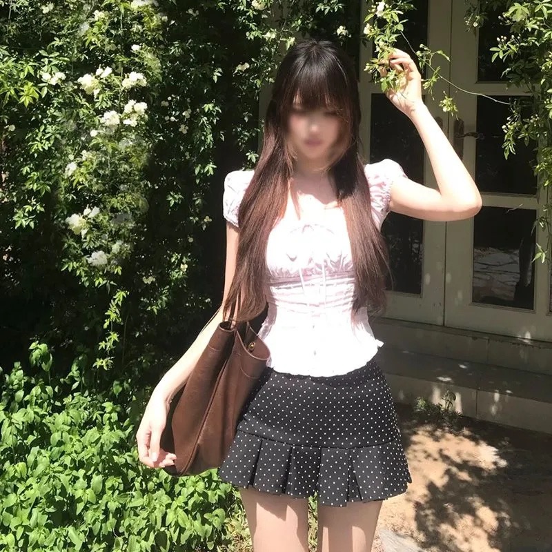 브로케이드 면 주름 원본 것 한 부서 소녀 센스 라이트 핑크 허리 수축 맨위 여성 달콤함 슬림해 보이는 다용도 외출용