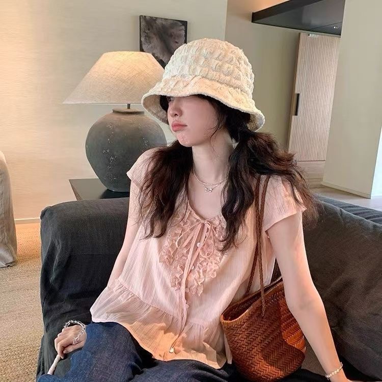 하프 설탕 복숭아 케이크 핑크색 디자인 센스 레이스 반팔 여성 셔츠 여름 나비 매듭 루즈핏 V넥 맨위