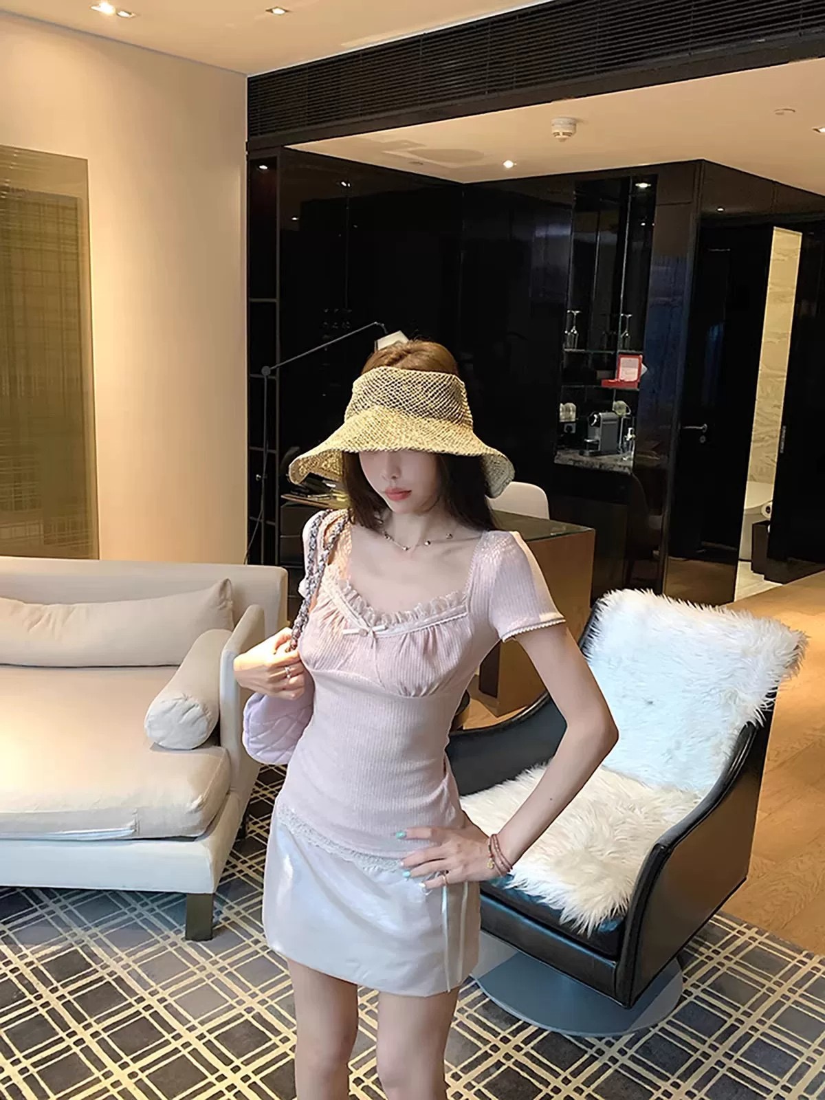 원본 원단 것 한 부서 부드러운 레이스 조각 리브 순수한 욕망 바람 핑크색 레이스 반팔 티셔츠 여성 의류 여름