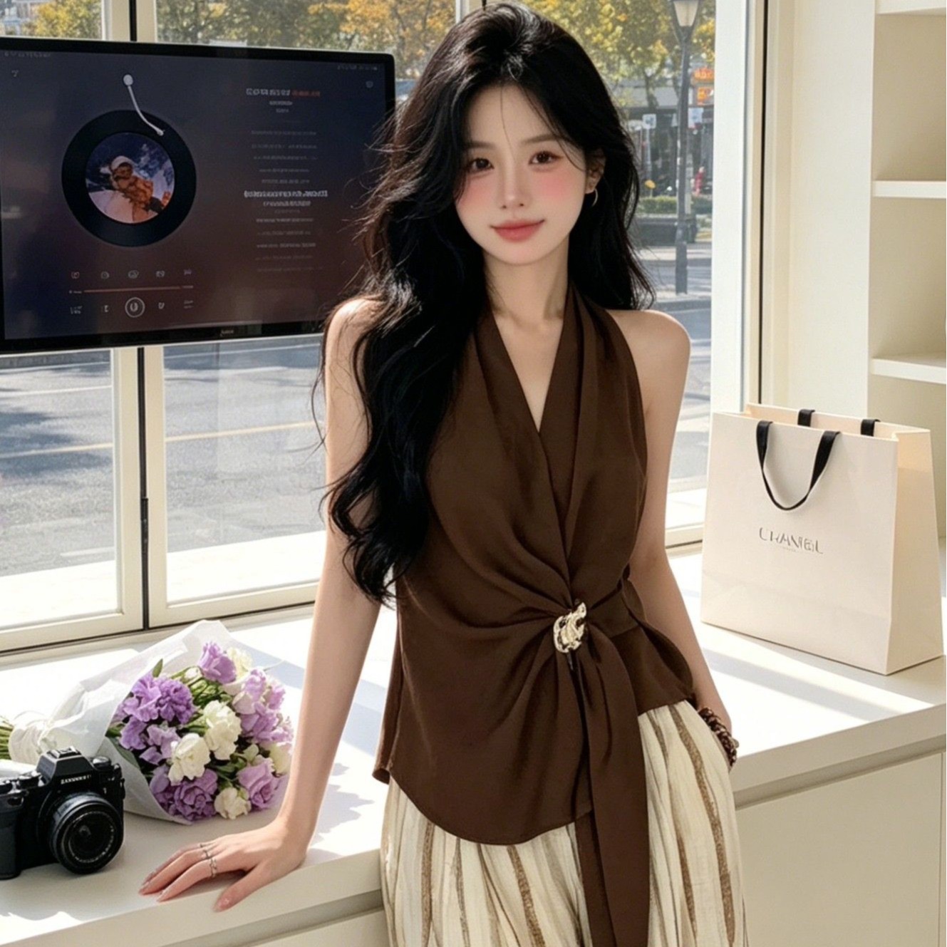 고급 센스 우아함 바람 V넥 행침 목 조끼 여성 여름 다용도 작은 대중 허리 수축 슬림해 보이는 품격 금속 버클 업 의류