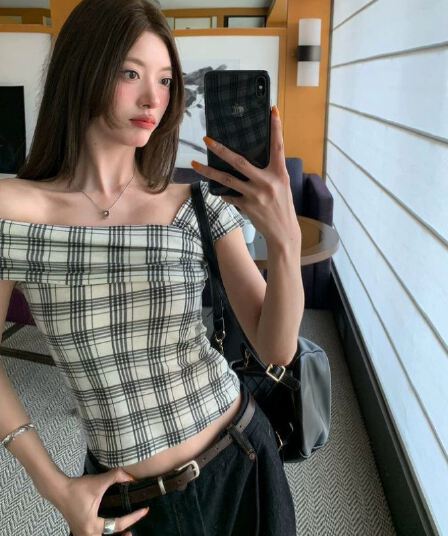 40 차가운 실크 코튼 원본 것 한 부서 순수한 욕망 여름 체크무늬 오프숄더 민소매 핫걸 티셔츠 몸매 가꾸기 맨위