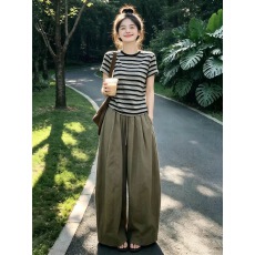 批发巨好看ootd穿搭一整套2026<b class='q'>新款</b>条纹短袖T恤女夏季阔腿裤子两件套