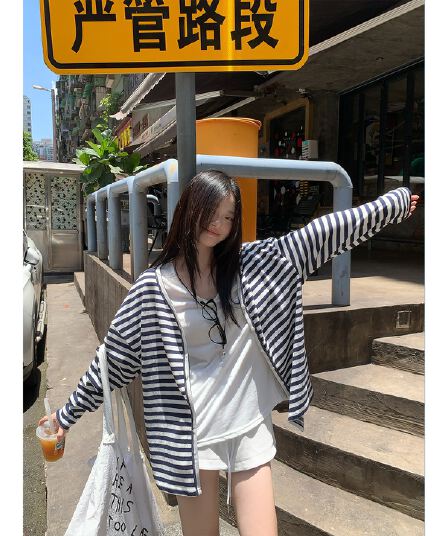 원본 원단 자외선 차단 재킷 스트라이프 오픈 가디건 여성 여름 자외선 차단 느긋한 맨위