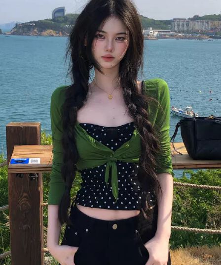 얇고 가벼운 긴팔 V넥 단추 디스플레이 화이트 레이스업 오픈 가디건 초록 초록 맨위 블라우스 여성 인사이드 가져 가라. 도트 무늬 투피스 조끼