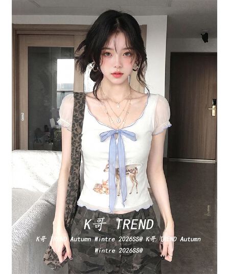 라이 경기 서울 아메리칸 핫걸 바람 V넥 반팔 여성 여름 작은 사슴 프린트 패치워크 망사 리본 티셔츠 몸매 가꾸기 맨위