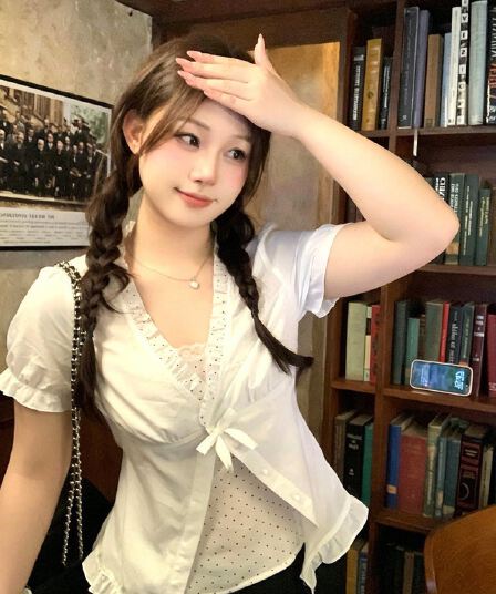 페이크 레이어드 도트 무늬 패치워크 프릴 나비 매듭 여성 셔츠 마이크로 지방 빅 사이즈 허리 수축 슬림해 보이는 작은 셔츠