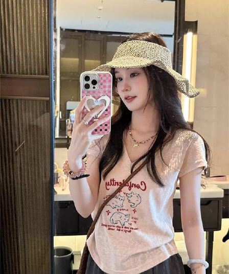 원본 원단 이후 패키지 칼라 한 부서 고양이 알파벳 프린트 V넥 티셔츠 여성 여름 통기성 다용도 반팔 맨위
