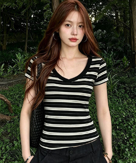 원본 스트라이프 주간 실크 프랑스식 V넥 스트라이프 반팔 티셔츠 여성 여름 다용도 몸매 가꾸기 슬림해 보이는 디자인 센스 출퇴근 맨위