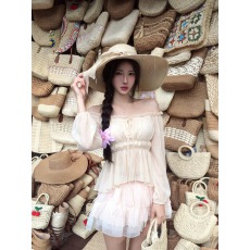 批发法式杏色一字肩雪纺衬衫女夏季纯欲辣妹气质短款<b class='q'>收腰</b>绝美露肩上衣