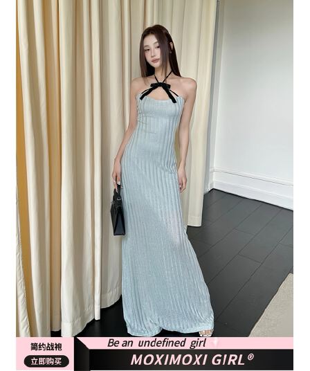 순수한 욕망 바람 파란색 섹시함 품격 행침 목 튜브탑 여성 드레스 여름 허리 수축 슬림해 보이는 타이트 스커트 핫걸 롱 스커트