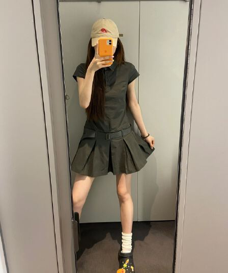 아메리칸 소금 부서 워크웨어 바람 polo 폴로 칼라 셔츠 드레스 여름 새로운 회색 플리츠 미니 스커트 작은 아이들