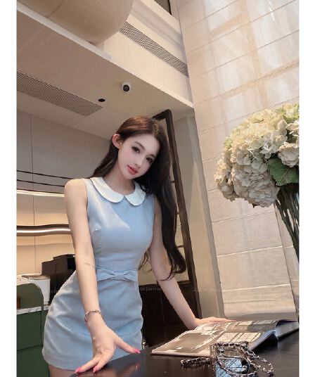 일상 다용도 파란색 베이비 칼라 민소매 조끼 여성 드레스 허리 수축 슬림해 보이는 A라인 스커트 품격 달콤함 미니 스커트