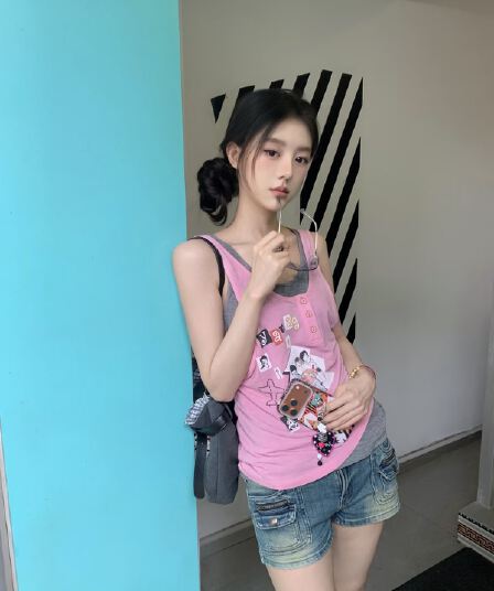 1 1 인 면 220 그램 아메리칸 만화 낙서 작은 대중 Chic 고급 센스 페이크 레이어드 조끼 여성