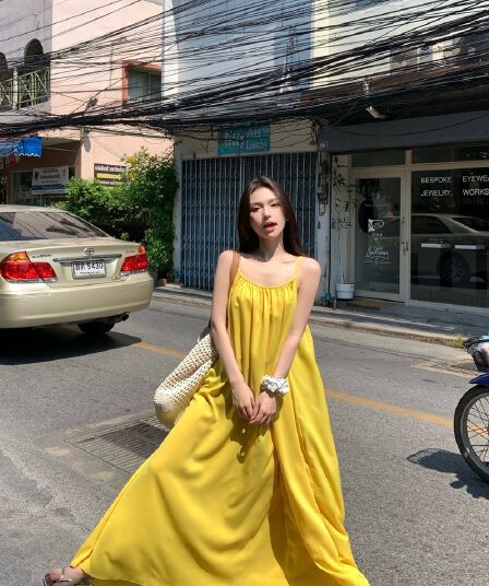 해변가 휴가 섹시함 백리스 슬립 여성 드레스 여름 새로운 루즈핏 A라인 스커트 부드러운 황색 길다 치마