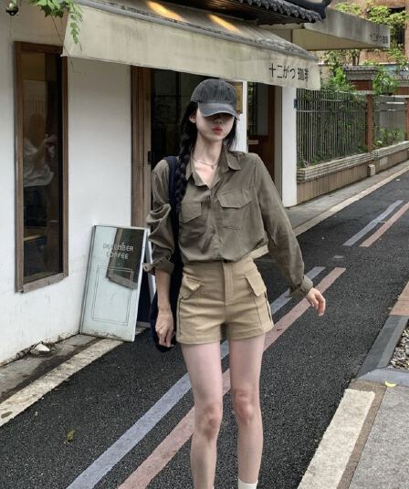 레트로 느긋한 바람 긴팔 POLO 칼라 여성 셔츠 봄 가을 루즈핏 슬림해 보이는 오픈 가디건 셔츠 군용 녹색 다용도 맨위