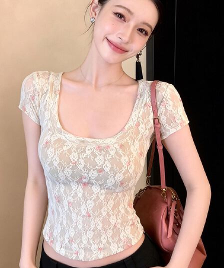 원본 레이스 망사 이중층 u 칼라 레이스 셔츠 반팔 티셔츠 여성 여름 몸매 가꾸기 달콤한 핫걸 아름다운 맨위