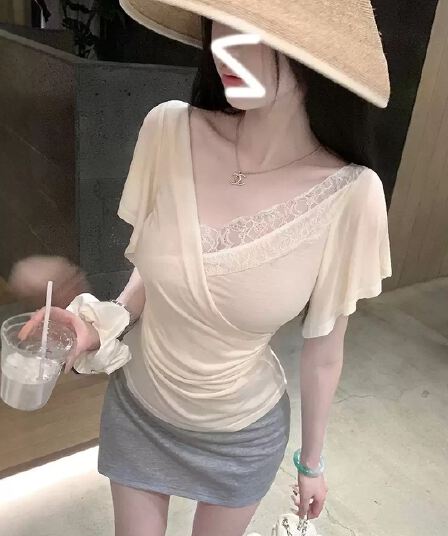 2026 한 부서 순수한 욕망 바람 V넥 레이스 십자가 반팔 티셔츠 여성 여름 새로운 핫걸 몸매 가꾸기 허리 수축 맨위