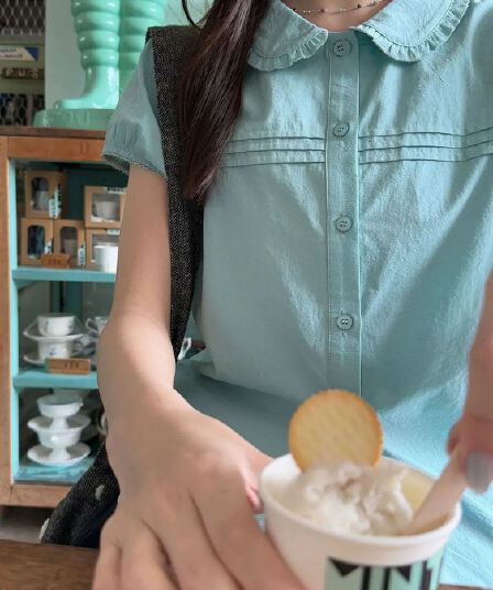 정가 순면 장기 Pleat 레이스 베이비 칼라 고급 작은 셔츠 여성 여름 시안 반팔 셔츠 맨위