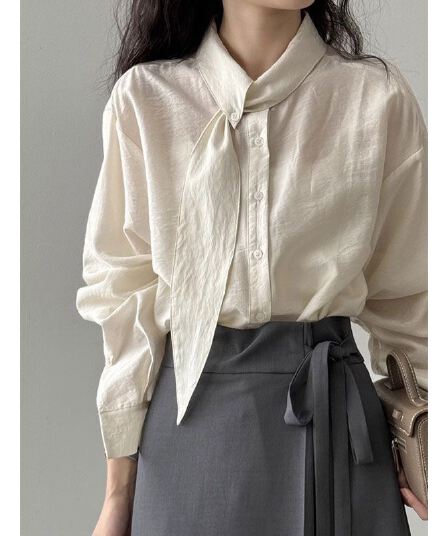 한 부서 스카프 칼라 긴팔 여성 셔츠 가을 디자인 작은 대중 긴팔 맨위 루즈핏 출퇴근 프랑스식 사소한 작은 셔츠