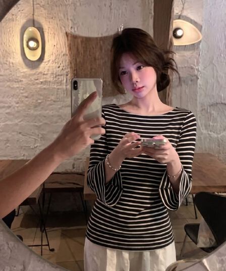 32 순면 당겨 프레임 스트라이프 작은 스피커 중간 소매 보트 칼라 슬림해 보이는 다용도 출퇴근 디자인 센스 맨위