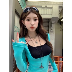 批发260克人棉假两件U领<b class='q'>长袖</b><b class='q'>T</b><b class='q'>恤</b>女修身短款露脐撞色吊带显瘦打底上衣
