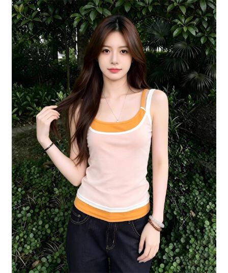 260 그램 사람들 면 주황색 패치워크 페이크 레이어드 배색 캐미솔 여름 슬림해 보이는 민소매 맨위