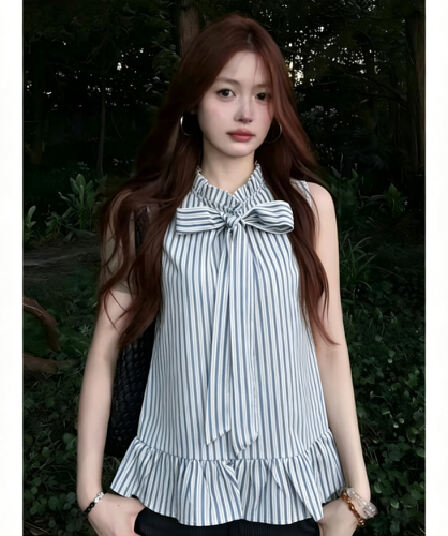 한 부서 출퇴근 스트라이프 행침 목 민소매 여성 셔츠 나비 넥타이 프릴 루즈핏 슬림해 보이는 여름 맨위