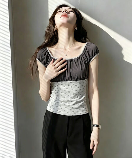 40 순면 한 부서 천년기 바람 딸기 패치워크 색상 티셔츠 반팔 여성 핫걸 거품 소매 짧은 맨위