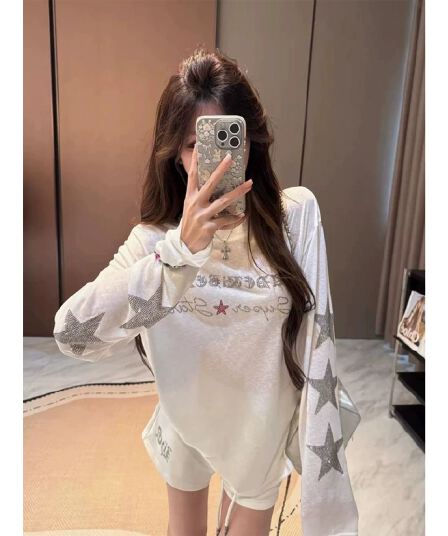 광저우 눈꽃 면 별 핫픽스 자외선 차단 블라우스 여성 긴 소매 얇은 스타일 통기성 캐주얼 루즈핏 느긋한 바람 맨위