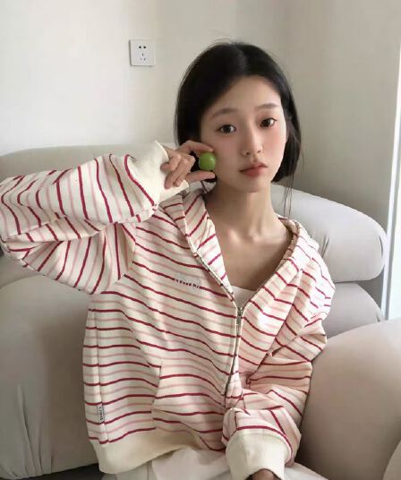 원본 원단 핑크색 스트라이프 오픈 가디건 후드티 여성 봄 가을 Chic 느긋한 바람 패치워크 색상 지퍼 후드 재킷