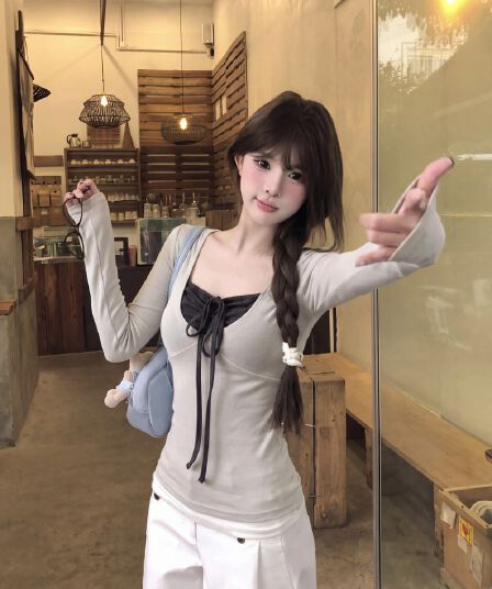 아름다운 200그램 사람들 면 솜씨 좋은 자동차 선 11 바늘 Chic 디자인 센스 페이크 레이어드 패치워크 긴팔