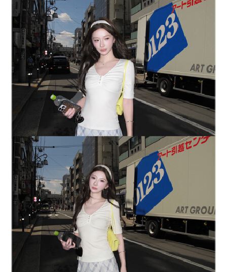 좋은 면 V넥 핫걸 세 버클 중간 소매 티셔츠 여성 2026 가을 새로운 디자인 센스 허리 수축 슬림해 보이는 쇼트 스타일 맨위