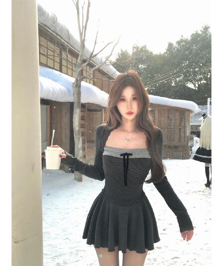 달콤한 매운맛 바람 니트 긴 소매 여성 드레스 페이크 레이어드 나비 매듭 허리 수축 A라인 스커트 디스플레이 몸 검정색 미니 스커트