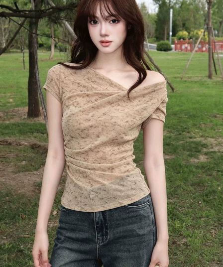 경관 그림 광저우 원본 원단 여름 새로운 부드러운 바람 비스듬한 어깨 십자가 수신 Pleat 품격 반팔 맨위