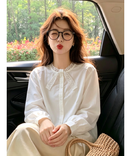 프랑스식 달콤함 네클라인 철자 레이스 나비 매듭 셔츠 여성 의류 연령 감소 캐주얼 다용도 패션 화이트 긴팔 셔츠