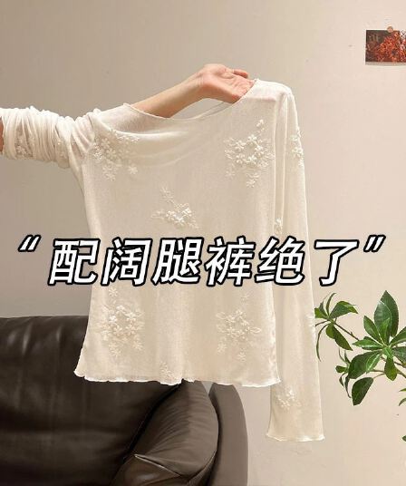 경관 그림 정가 망사 자수 이른 가을 무거운 작업 자수 긴팔 얇은 스타일 티셔츠 캐주얼 프릴 맨위 블라우스